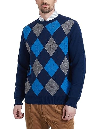 Kallspin Men's Crewneck Argyle Knit Jumpers Wool Blend Long Sleeve Sweater Pullovers