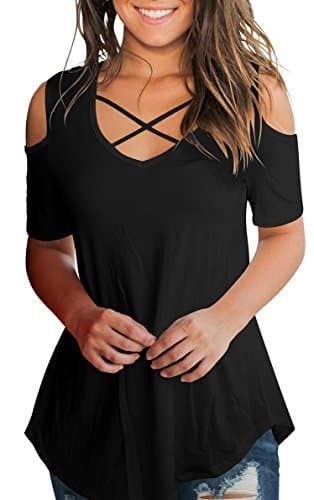 Women's Criss Cross Cold Shoulder V Neck Short Sleeve Summer T Shirts