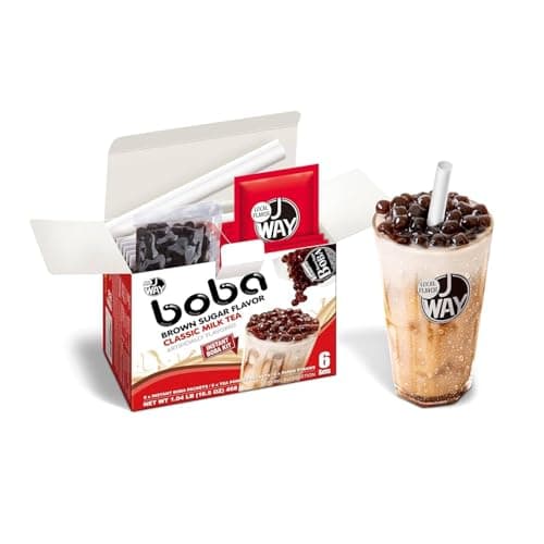 J Way Bubble Tea Kits (6/Pack) 2020 Great Taste Award 1 Star. 6 Drinks, 6 Tapioca Pearls Boba (50g Each), 6 Straws, Complete Gift Set (1 Box) (Classic Milk Tea with Brown Sugar Boba)