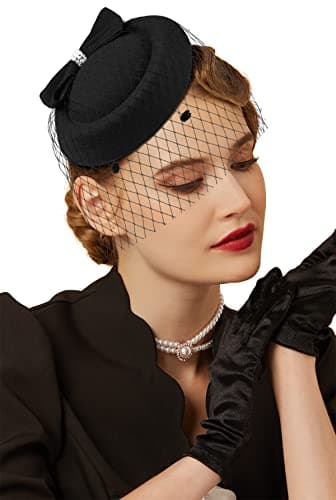Fascinators Hats 20s 50s 帽子 ピルボックスハット カクテル ティーパーティー ベール付きヘッドウェア 女の子と女性向け, C-ブラック, One Size
