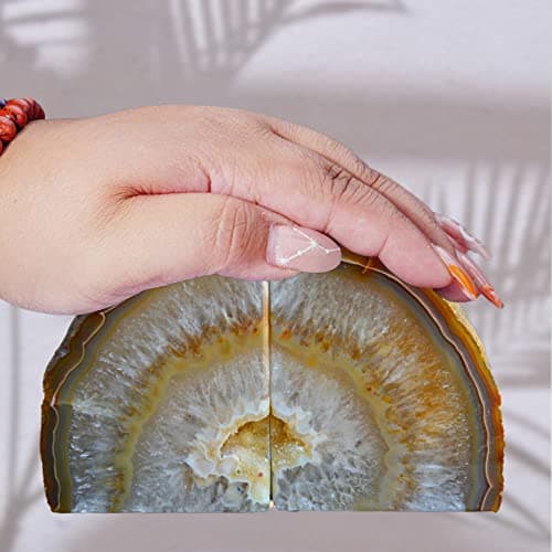 AMOYSTONE Unique Agate Bookends for Kids Decorative Crystal Geode Book Holder 3-4 LBS Non-Skid for Bookend Shelves, Stylish and Functional Bookends