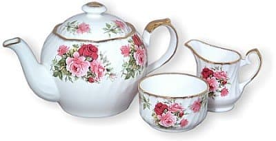Summertime Rose Bone China English Teapot Cream & Sugar Set