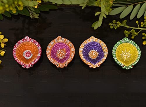 Collectible India Clay Diyas Diya Deepak Colorful Set Earthen Diwali Decoration Puja - Handpainted Diya for Home Indoor Outdoor Diwali Handmade (Set of 4) (4)