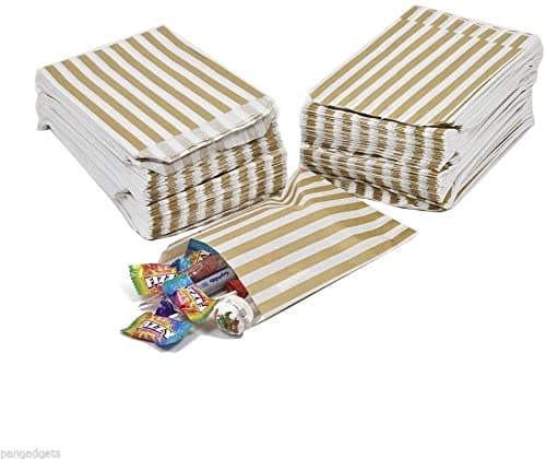 5" x 7" Gold Candy Striped Sweet Paper Bags | Pack of 100 | Wedding Buffet Favour Cake Gift Pick n Mix Shop