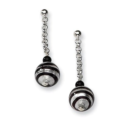 GENUINE Murano Glass 'Black and White' Bead & Black Onyx Drop Dangle Earrings | .925 Sterling Silver Setting - $38.99 SALE - Closeout Special - NO Sales Tax exc. MA + FREE GIFT WRAP (avail. at checkout)