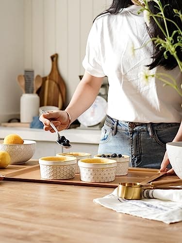 LE TAUCI Ramekins 8 oz, Ramiken for Creme Brulee, Lava Cake, Pudding, Souffle, Pot Pie, Ceramic Baking Dishes, Oven Safe - 4.3 inch, Set of 4, Arctic White