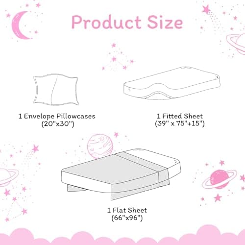 JSD Gradient Pink Moon Stars Kids Sheet Set Twin Size, 3 Piece Space Theme Microfiber Sheets Deep Pocket
