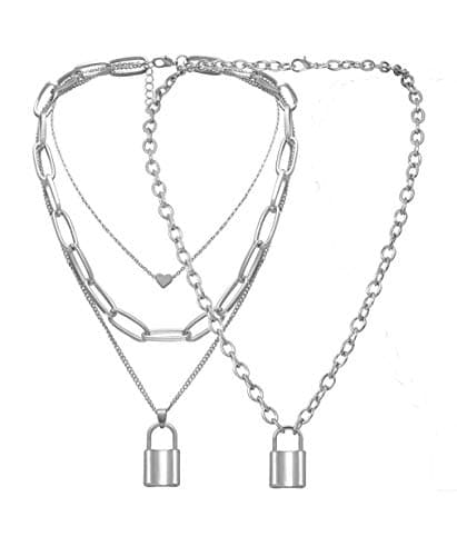 Lock Key Pendant Necklace Statement Long Chain Punk Multilayer Choker Necklace for Women Men