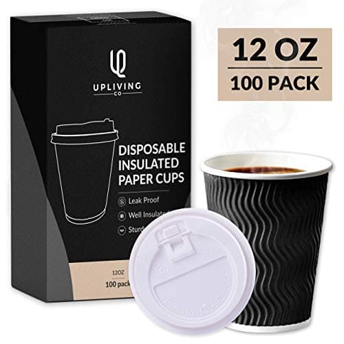 Disposable Paper Coffee Cups with Lids - 100 Pack Premium Quality To Go Disposable Coffee Cups With Lids 12 Oz, Sturdy & Leak Proof With Integrated Triple Insulation by Upliving Co (Black)