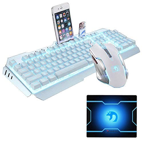 FELICON Gaming Keyboard Mouse Combo 104 Keys Wired Rainbow LED Backlit Metal Panel Waterproof Multimedia Ergonomic USB Keyboard 2400DPI Gamer Mouse Sets Mouse Pad for PC Laptop Computer (T6 White)