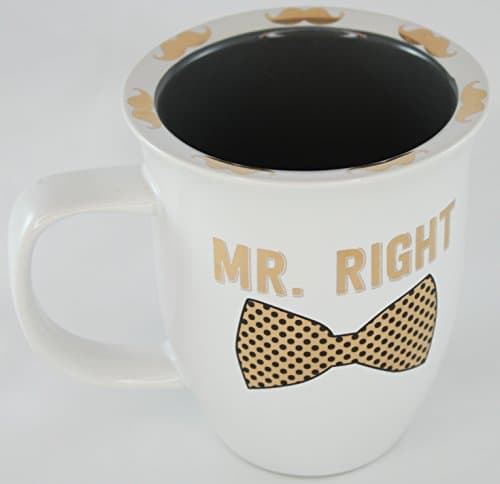 Our Little Bijou Mr. Right Bowtie with Gold Mustaches Porcelain Mug Groom Coffee Tea - Bronze/Black/Cream
