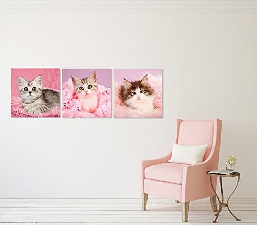 Hello Lovely Kitty Modern Canvas Art Print Cute Pet Kitten Paintings Pink Cat Animal Picture on Canvas 3 Panels Giclee Artwork Daughter Birthday Gift for Kids Room Wall Decor