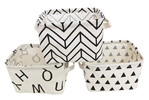 HIYAGON Small Storage Basket,Foldable Sundry Cosmetic Storage Box,Fabric Desk Organizer with Handles for Home Office Desktop,Set of 3(White)