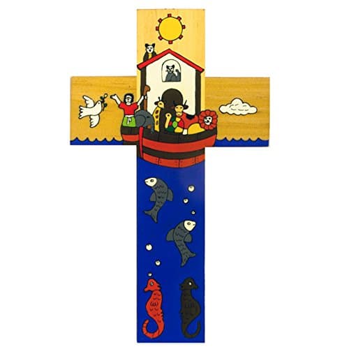 Noah's Ark Cross - 12 cm Christian Hand Painted Cross - Baptism Gift