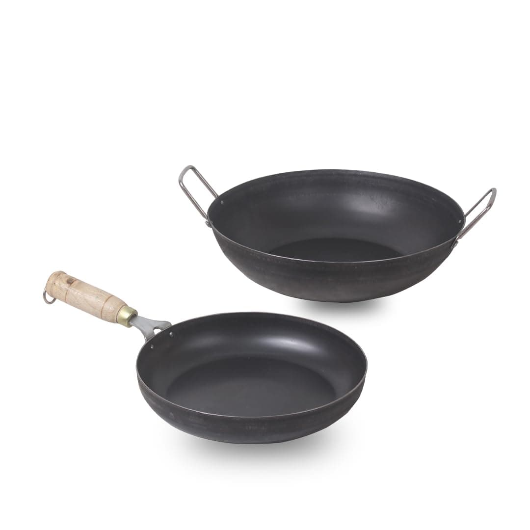 Pre-Seasoned Iron Cookware Set | Fry Pan (24.7 cm/1.5L) + Kadai (24.6 cm/2.7L) | Kitchen Cooking Combo Pots and Pans Set of 2Pcs | Naturally Nonstick