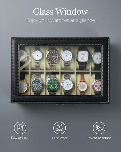 Ohuhu Watch Organizer, 12 Slot Watch Box PU Leather Real Glass Lid, Watch Display Case Holder Storage Box Soft Velvet Jewelry Box for Men Women Birthday Gift (Beige)