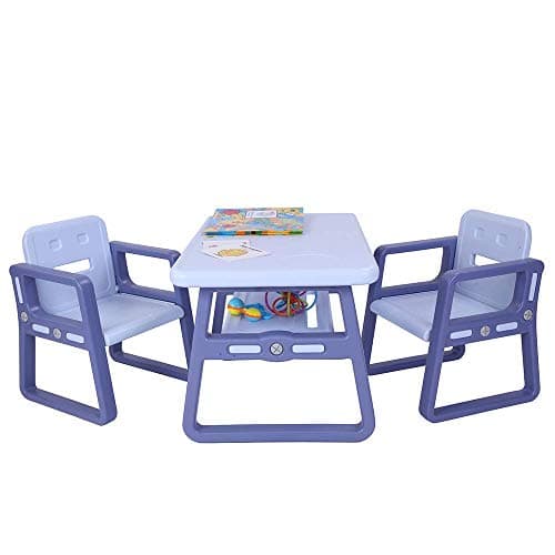 JOYMOR Multipurpose Kids Table and Chair Set, Certified Safe and Easy-Clean 3-Piece Kids Furniture Set, Includes 1 Activity Table with Storage Space & 2 Chairs，Kiddie-Sized Plastic Furniture (Blue)