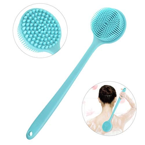 PRETTY SEE Slicone Bath Body Brush Exfoliator, Back Brush Long Handle for Shower with Soft Bristles, Back Scrubber,Blue