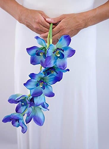 Afloral Cymbidium Orchid Spray in Blue with Purple Highlights - Silk Flowers