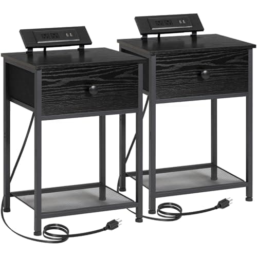 AMHANCIBLE Night Stand, Black Nightstand Set of 2, Small End Tables Living Room with Charging Station, Slim Bed Side Table with Fabric Storage Drawer for Bedroom, Small Space, HET03SDPBK