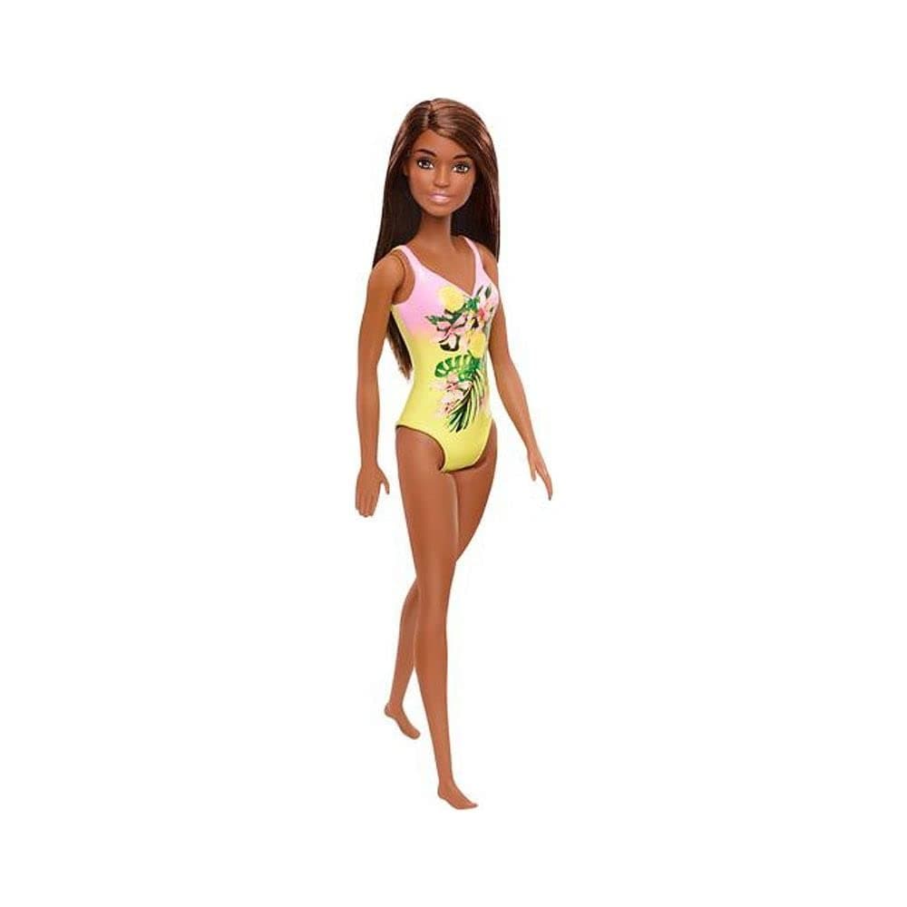 - Fasshion Doll, Beach-Themed Brunette Wearing Pink & Yellow Floral Swimsuit