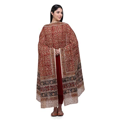 ANARVAAmazon Brand- Women's Hand Block Printed Cotton Kalamkari Dupatta (Brown-2.5 Meters), Brown, 2.5 Meter