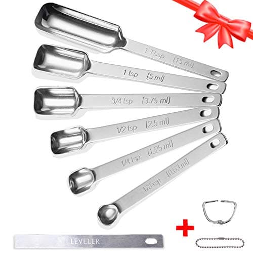 Heavy Duty 18/8 Stainless Steel Measuring Spoons Set with Leveler and Ring Holder, Narrow Accurate Measuring Spoons Fits in Spice Jars, Set of 6