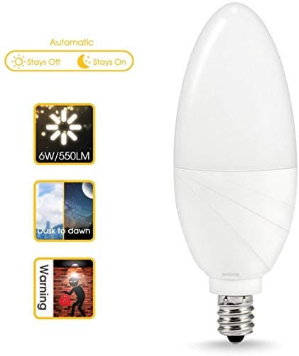 TechogoMade Dusk to Dawn Candelabra Light Bulbs Outdoor, 6W (60W Equivalent) E12 Light Bulb Base, Warm White 3000K Auto ON/Off Smart Sensor LED Light Bulbs for Porch Light, Driveway, 2 Pack
