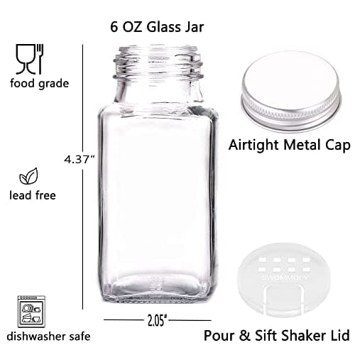 SWOMMOLY 25 Glass Spice Jars 6 oz Empty Square Spice Bottles with 703 Spice Labels, Chalk Marker and Funnel Complete Set. Spice Containers with Airtight Cap, Pour/sift Shaker Lid