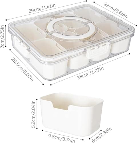 Divided Snack Serving Tray with Lid and Handle travel Snackle Box Charcuterie Container Portable Storage Organizer for Candy, Fruits, Nuts, Snacks 1Pack White