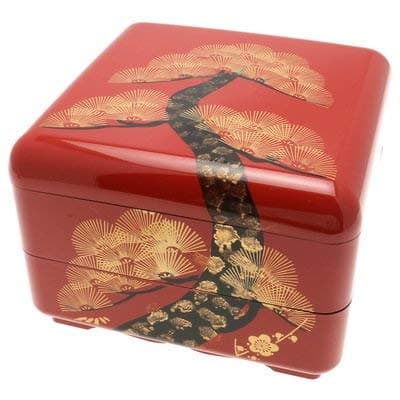 Kotobuki Japanese Jubako Lacquer Box, 2-Tiered, Vermillion Pine #288-131