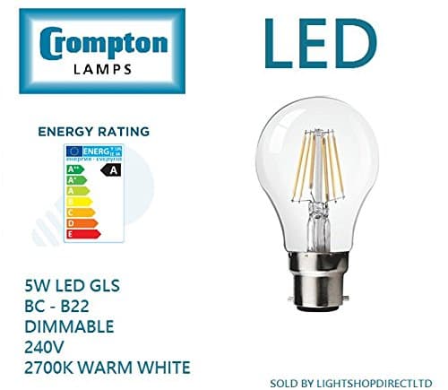 Crompton5W Dimmable Filament GLS BC (b22) 2700k Warm White 240v - 4184