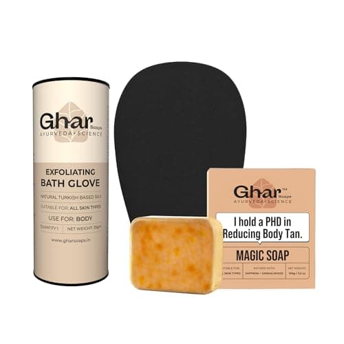 Ghar Soaps Exfoliating Body Gloves & Sandalwood Saffron Magic Soap 100Gm, Black | Paraben Free | Chandan & Kesar Soap | Handmade Soap For Men & Women | Glowing Natural Refreshing Skin | Tan Removal