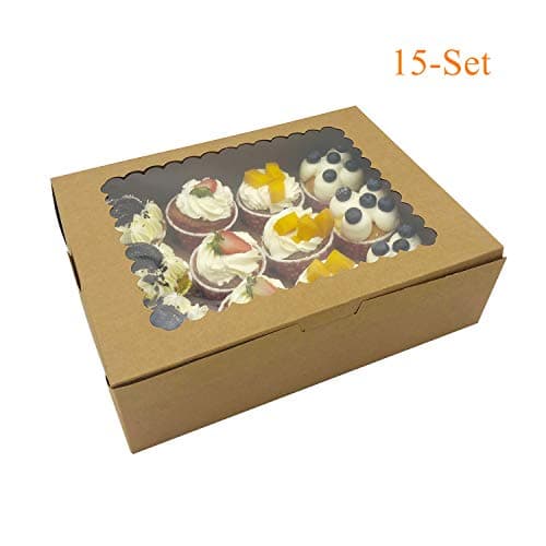 15-Set Cupcake Boxes Holds 12 Standard Cupcakes, Brown Cupcake Carrier, Cupcake Containers, Food Grade Kraft Cupcake Holders for Cookies, Bakeries, Muffins and Pastries