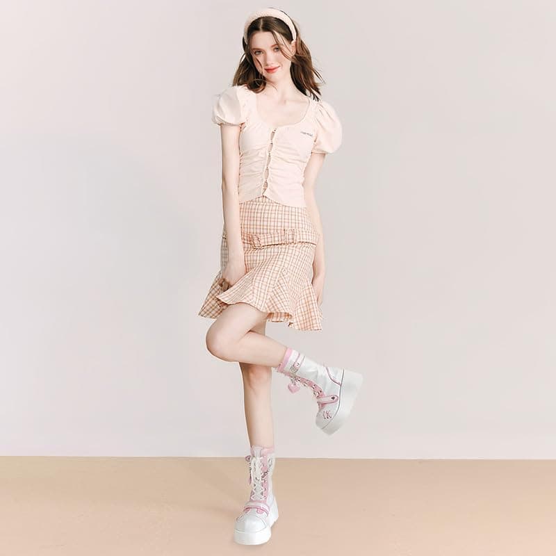 Accloris Pink Platform Ankle boots for Women Goth Rave Boots Kawaii Shoes High Heel Round Toe Zipper Wedges Mid Calf Booties