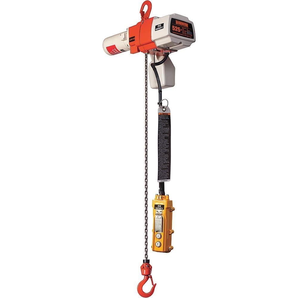 Harrington ED Series Die Cast Aluminum Dual Speed Adjustable Electric Chain Hoist with Hook Suspension, Mini Trolley, 7' PB Drop and Chain Container, 350 lbs Capacity, 10' Lift Height, 66 fpm Lift Speed, 0.8 Horse Power, 120V