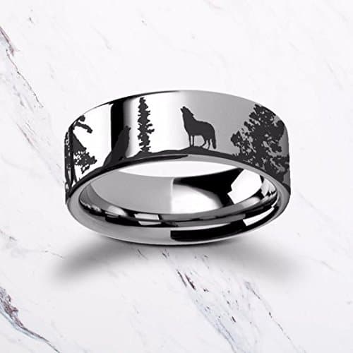 Engraved Howling Wolf Wolves Landscape Scene Tungsten Ring Flat Polished Finish - 4mm to 12mm Available - Lifetime Size Exchanges