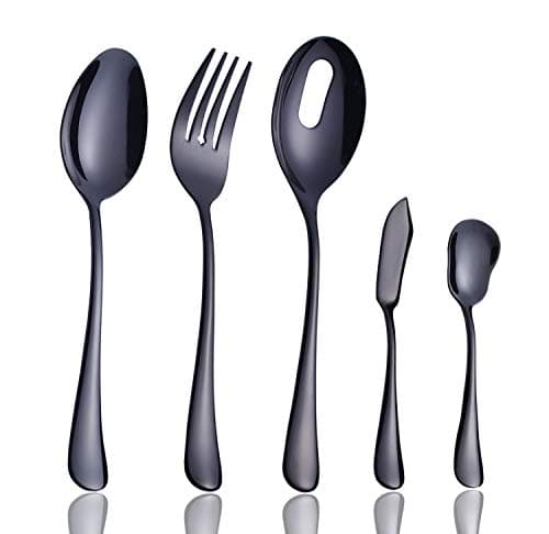 Onlycooker Serving Set 5-Piece Hostess Set, Black Serving Utensils 18/10 Stainless Steel Server Flatware Silverware with Large Serving Fork Slotted Spoon Butter Knife Sugar Spoon Dishwasher Safe