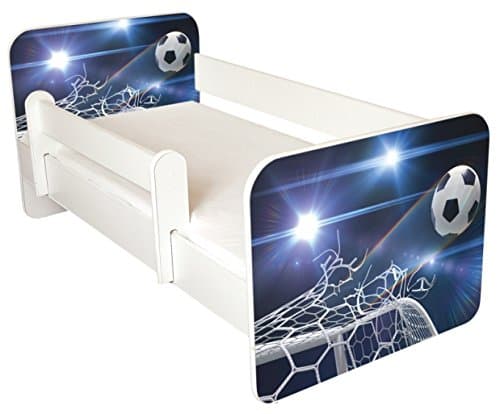 TODDLER BED WITH FREE MATTRESS Blue Football Design Removable side panels