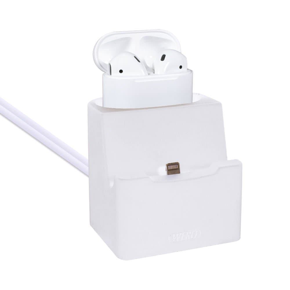 AirPods Charging Stand with 2x Lightning Charging Cables, WERO 2 in 1 [AirPods and iPhone Charger Dock] Charging Docking Station Cradle Holder for Apple AirPods, iPhone X /8/ 8plus/7/7plus/6s/6s Plus/SE/5S/5, iPad mini 4 (White Stand with Charging Cables)