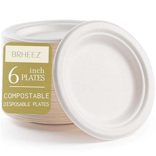 brheez 6 in Disposable Plates Paper Plates Alternative Compostable Plates Heavy Duty [Pack of 110] Eco-Friendly 100% Natural Sugarcane Bagasse Fiber Biodegradable