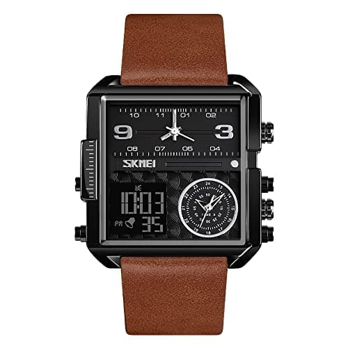 SKMEI Watches for Men, Square Men's Wrist Watches, LED Backlight Large Screen Multi-Time Zone Men's Watch, Waterproof Analog Men's Digital Sports Watch
