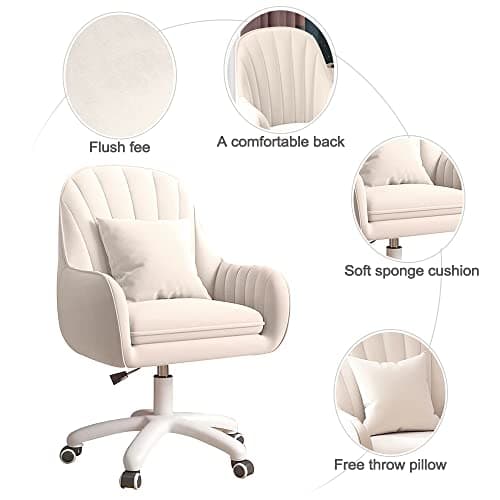 XUEGW Mid-Century Modern Tufted Computer Task Chair, Velvet Fabric, Adjustable Height, White, Office