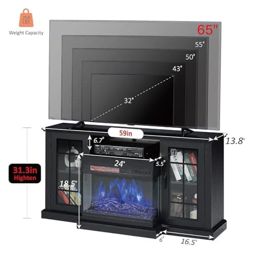 AMERLIFE 3-Sided Glass Fireplace TV Stand for TVs up to 65'', Media Entertainment Center Console Table with Door Closed Storage, Black