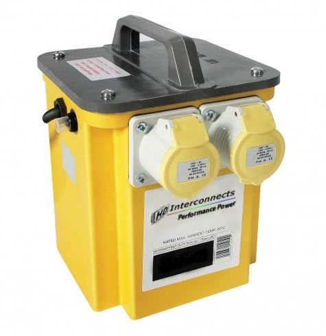 3.0KVA 2.5KW 2500W Stepdown mains power transformer voltage converter UK mains AC 240v to 110v with 16Amp yellow commando style 110v outlets.