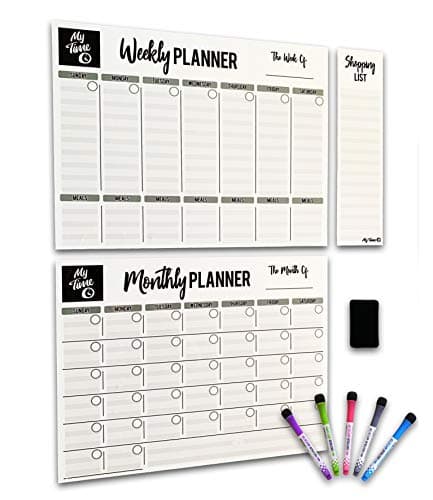 My Time Dry Erase Calendar Set for Refrigerator | Large 17x13 Inch Magnetic Weekly Planner and Magnetic Monthly Calendar | Easy Clean Whiteboard Surface | Magnetic Shopping List | 5X Markers | Eraser