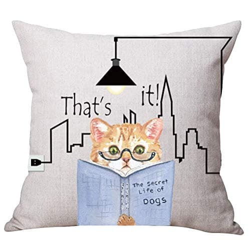 ASTIHN Reading Book Cat Find The Secret of The Dog Light Line Plug Cotton Linen Throw Pillow Cover Cushion Case Home Chair Office Decorative Square 18 X 18 inches