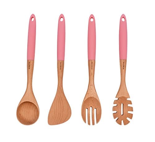 BOBZYXL 4-Piece Wooden Cooking Utensils Set - Wooden Spoons and Spatula - Wooden Spoons for Cooking with Pink Silicone Handles