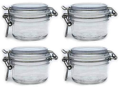 The Grindstone | 150 ml (5 Oz.) PET Plastic Kilner Style Jars | Round Clear Acrylic Storage Jars | Locking Mason Style Canister Lids | Multiple Uses | Airtight Snap on Lids with Clasp | Pack of 4