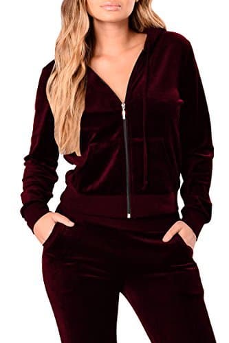 Linsery Women's Winter Velour Zipper Hooded Jacket Jogger Pants 2 Piece Sweatsuit (2XL=US-XL, Wine Red)